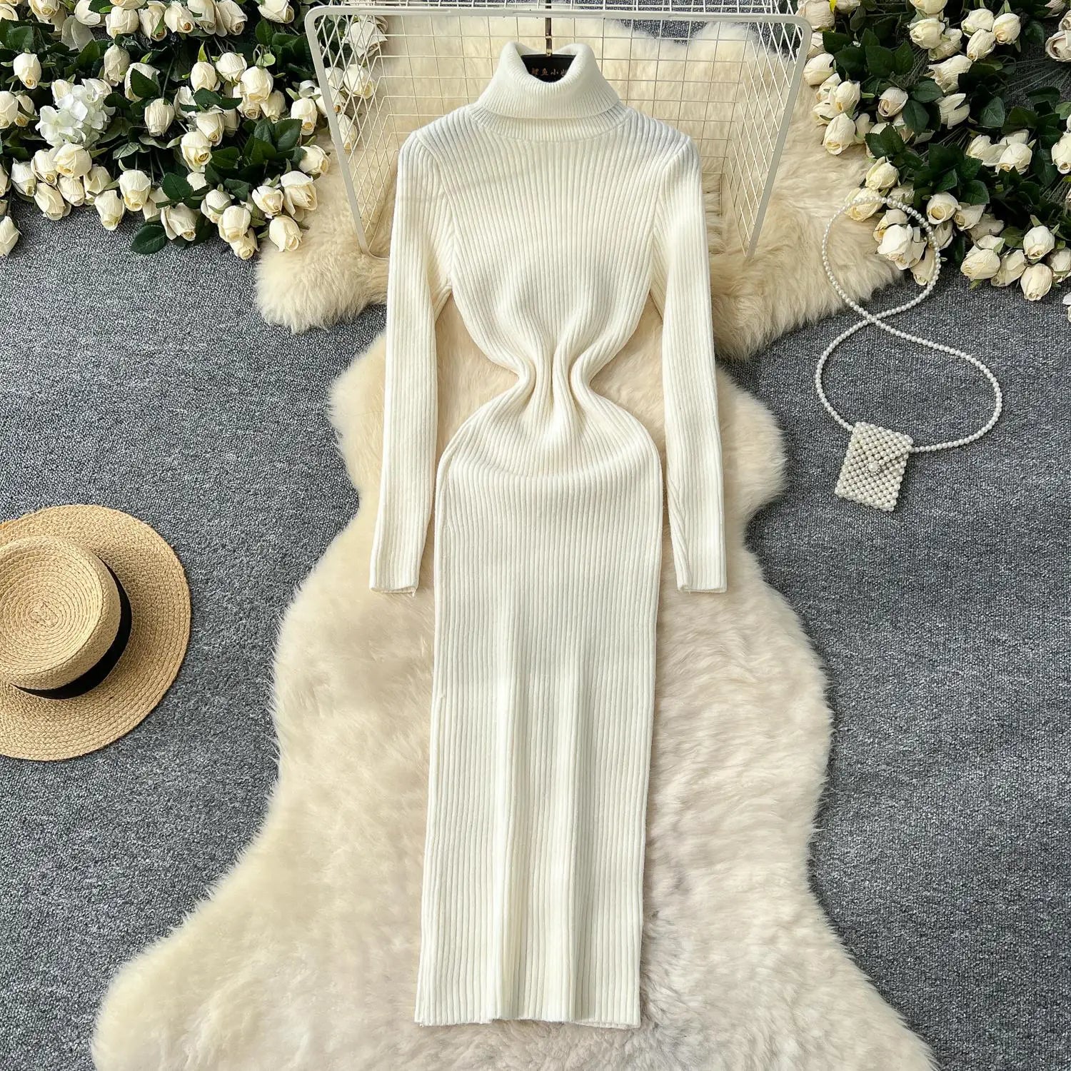Korean Women Solid High Neck Straight Dresses Autumn Winter Slim Long Sleeve Office Knitted Dress Ladies Simplicity Popular Chic