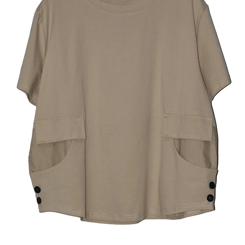 Load image into Gallery viewer, Women Black Pocket Button Big Size Casual T-shirt New Round Neck Short Sleeve Fashion Tide Spring Summer 2025 1DJ1616
