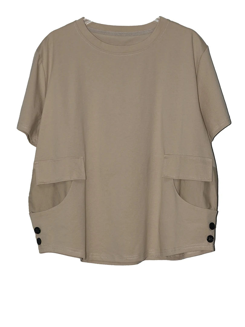 Women Black Pocket Button Big Size Casual T-shirt New Round Neck Short Sleeve Fashion Tide Spring Summer 2025 1DJ1616