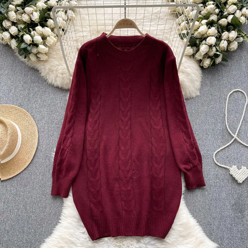Load image into Gallery viewer, Retro Women Solid Round Neck Medium Length Sweater Autumn Winter Long Sleeve Loose Knitted Pullover Tops Casual Trend Simplicity
