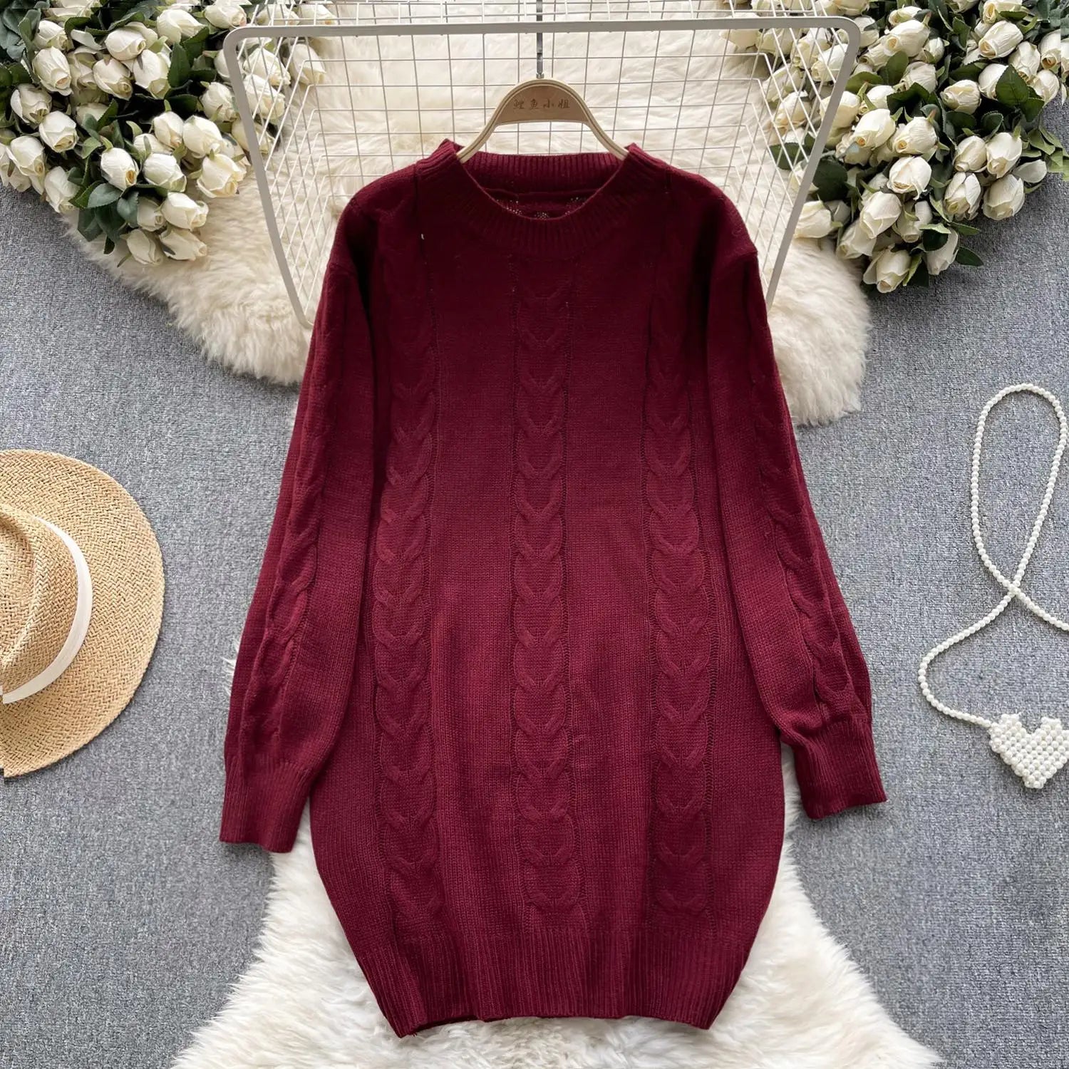 Retro Women Solid Round Neck Medium Length Sweater Autumn Winter Long Sleeve Loose Knitted Pullover Tops Casual Trend Simplicity