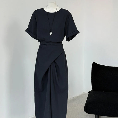 Load image into Gallery viewer, Women Navy Blue Cross Bandage Big Size Elegant Midi Dress New Round Neck Short Sleeve Fashion Spring Summer 2025 1DJ1359
