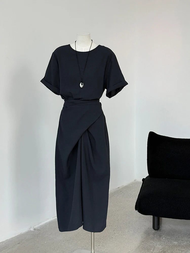 Women Navy Blue Cross Bandage Big Size Elegant Midi Dress New Round Neck Short Sleeve Fashion Spring Summer 2025 1DJ1359