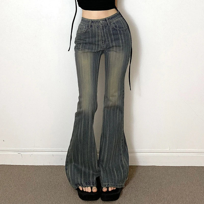 Retro Streetwear Low Rise Skinny Stripe Flare Jeans Female Vintage Outfits Y2K Boot Cut Denim Trousers Chic Pants New