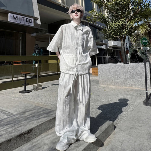 Load image into Gallery viewer, Summer Men's Two-piece Set Wrinkled Short Sleeve Single Breasted Shirt Male Casual Elastic Waist Pants New Male Suit 9W1491
