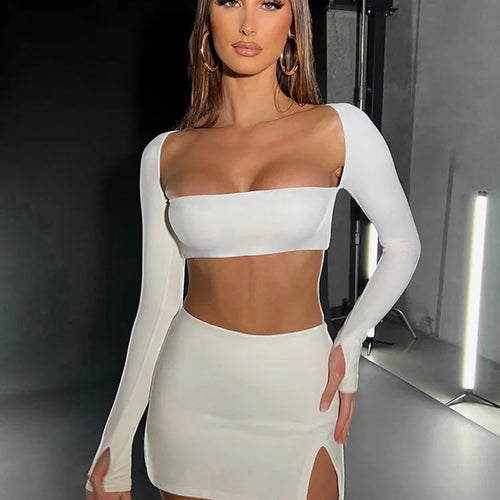 Load image into Gallery viewer, Sexy Dress Set Women White Square Collar Full Sleeve Crop Top And Mini Skirt Matching Sets Ladies Party Two Piece Set
