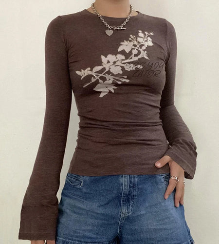 Vintage Flower Print Slim Women Tee Shirt Flare Sleeve Y2K Tops Clothes Harajuku Autumn Tshirt Grunge Fairycore Cute