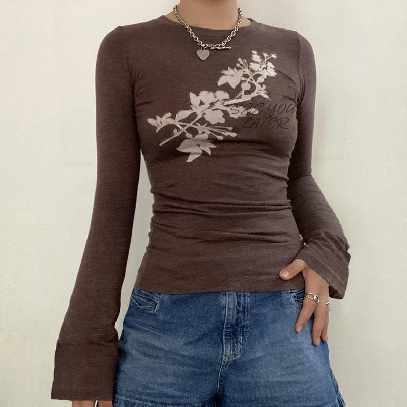 Vintage Flower Print Slim Women Tee Shirt Flare Sleeve Y2K Tops Clothes Harajuku Autumn Tshirt Grunge Fairycore Cute