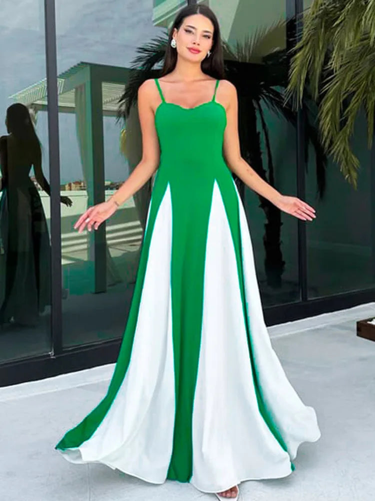 Patchwork Spaghetti Strap Maxi Dress For Women Color Contrast Slipdress Ladies Sleeveless Backless Loose Long Dress