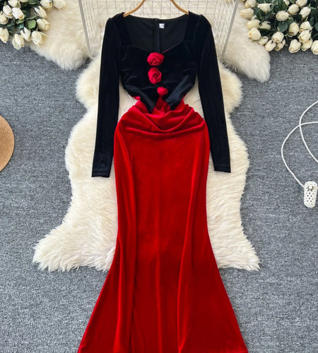 Retro 2024 Autumn Winter Women's Black Red Velvet Patchwork Slim Evening Party Dresses French Elegant Long Sleeved Pleated Dress