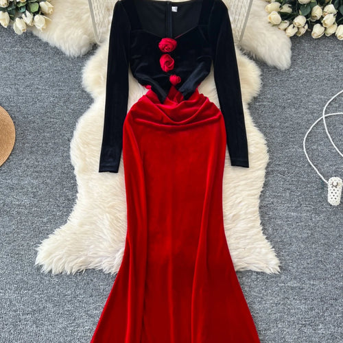 Load image into Gallery viewer, Retro 2024 Autumn Winter Women's Black Red Velvet Patchwork Slim Evening Party Dresses French Elegant Long Sleeved Pleated Dress
