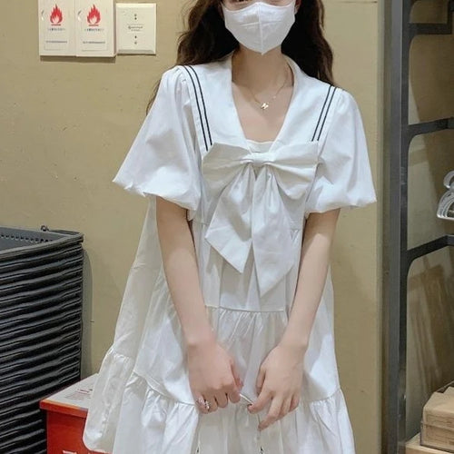 Load image into Gallery viewer, Sweet Kawaii School White Dress Women Japanese Preppy Style Sailor Collar Puff Sleeve Ruffles Dresses korean Summer
