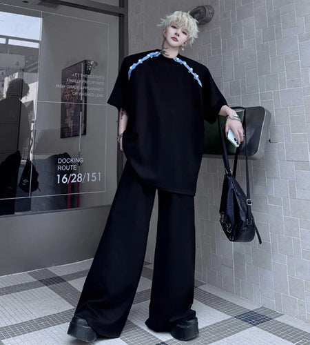 Men's Pants Set New Summer Constrast Color Short Sleeved Patchwork Trendy Sweatshirt Casual Pants Male Clothing 9W1802