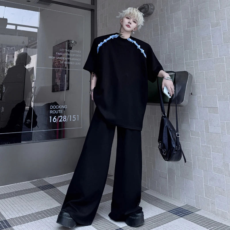 Men's Pants Set New Summer Constrast Color Short Sleeved Patchwork Trendy Sweatshirt Casual Pants Male Clothing 9W1802