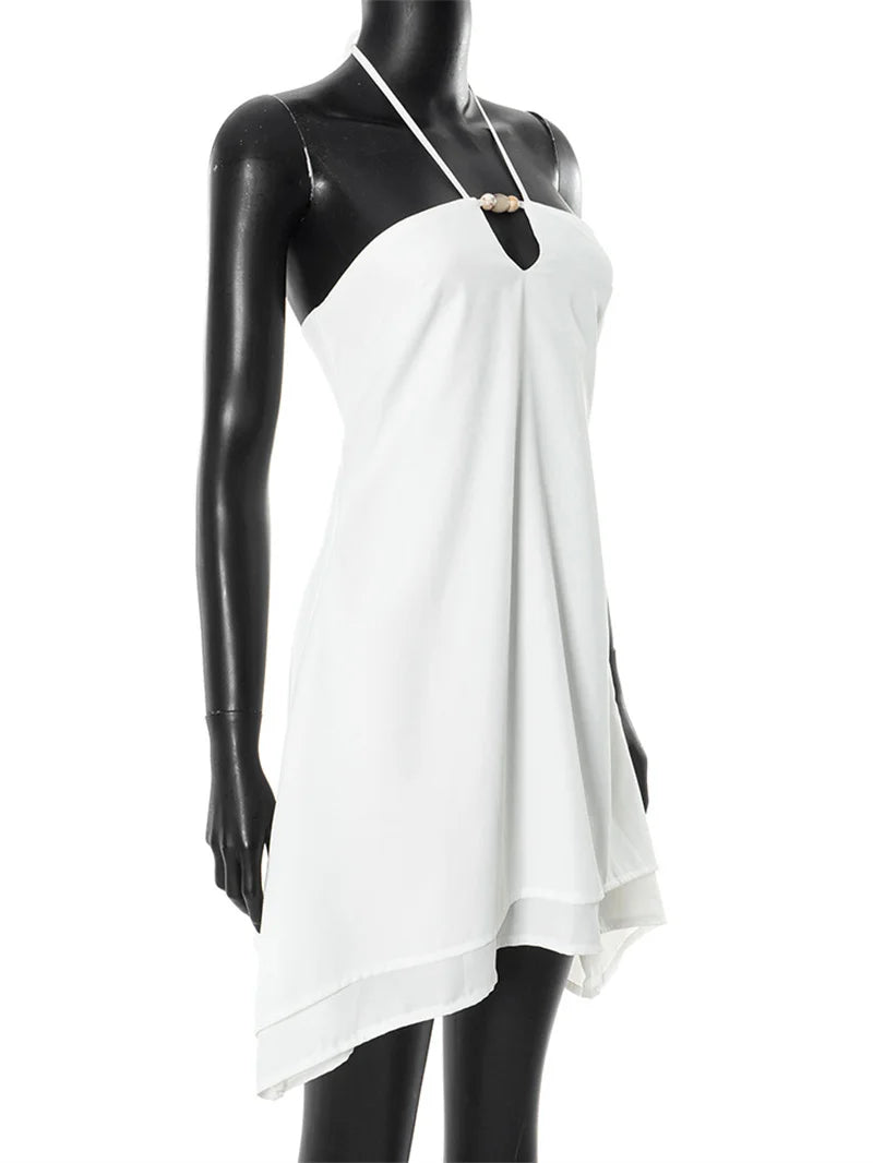 Halter Off-shoulder Backless Sexy Mini Dress Women White Hollow Out Strapless Lace-up A-line Club Dress Summer 2025