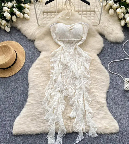 Retro Black White Elegant Ruffles Halter Lace-up Irregular Lace Long Dress Women Summer New Beige Sleeveless Evening Party Dress