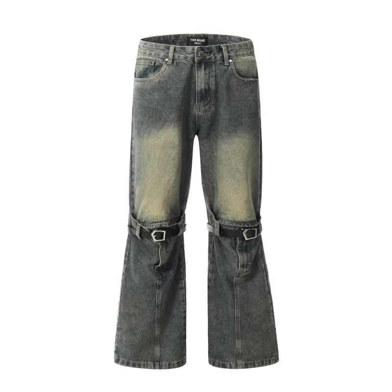 Niche Design Men's Cargo Denim Pants Straight Belt Patchwork Design Casual Bottom Wide Leg Boot Cut Male Jeans New 9C8879