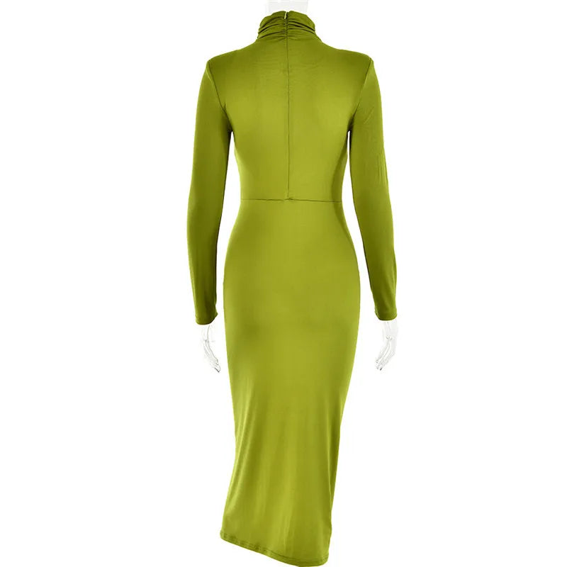 Elegant Turtleneck Long Sleeve Bodycon Maxi Dress Women Autumn Winter New Ruched Club Party Sexy Dress Vestidos
