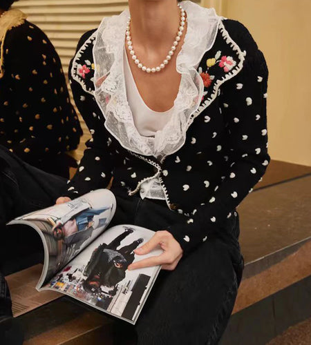 Hit Color Slimming Two Piece Sets for Women V Neck Long Spliced Embroidery Cardigan Patchwork Lace Vest Set Female