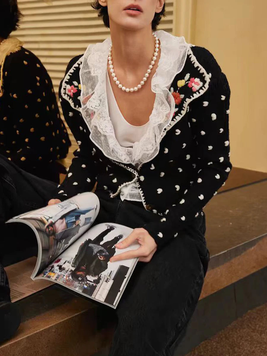 Hit Color Slimming Two Piece Sets for Women V Neck Long Spliced Embroidery Cardigan Patchwork Lace Vest Set Female