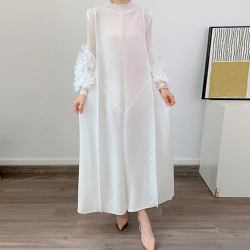 Load image into Gallery viewer, Loose Minimalist Ruffles Dresses For Women Round Neck Long Sleeve High Waist Pullover Dress Female Fashion
