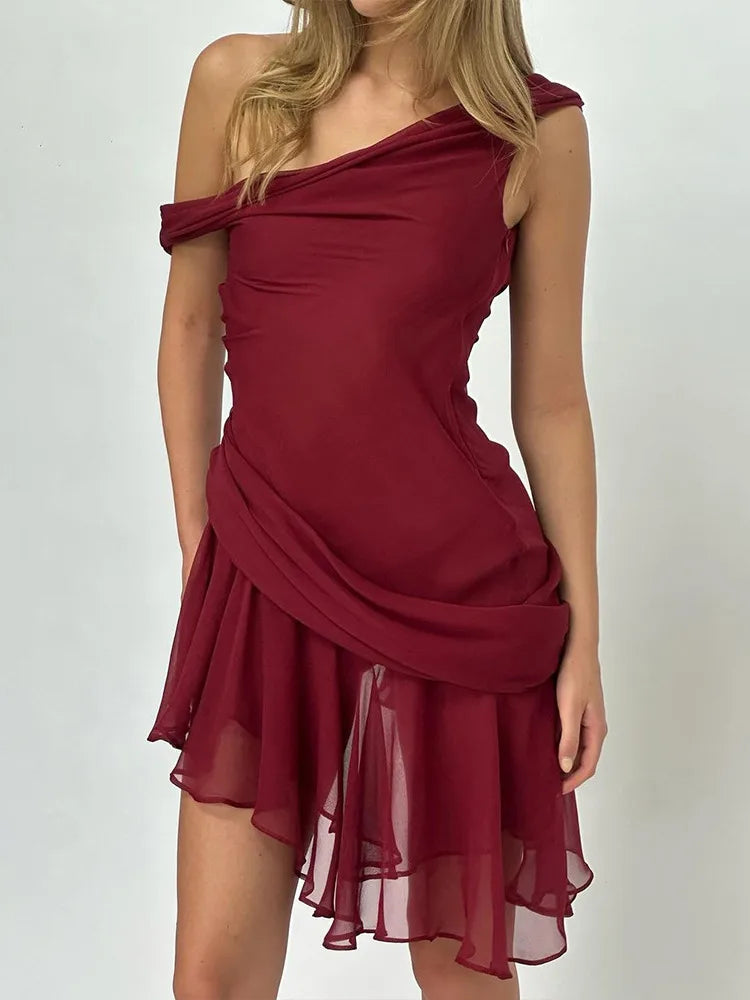 Summer 2024 New Sexy Spicy Girl Slim Dress Women Slant Neck Sleeveless Ruffle Edge Mesh Dress Elegant Party Club Vestido