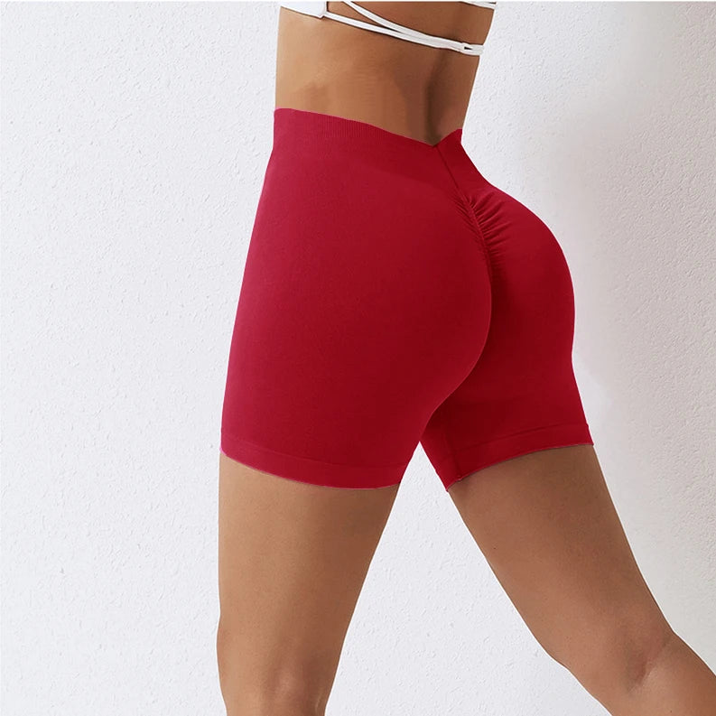 Knit Seamless V Back Yoga Shorts Women Fitness Elastic Scrunch Push Up Sports Running Workout High Waist Shorts