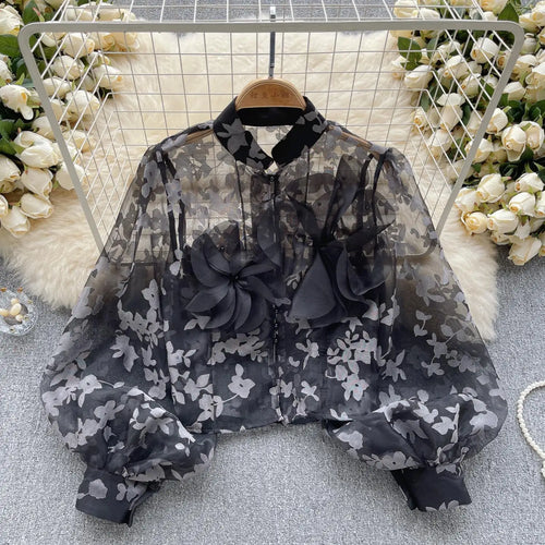 Load image into Gallery viewer, Autumn Women French Retro Mesh 3d Flower Design Blouse Long Sleeve 2023 Elegant Holiday Print Single Breasted Shirt Romantic Y2k
