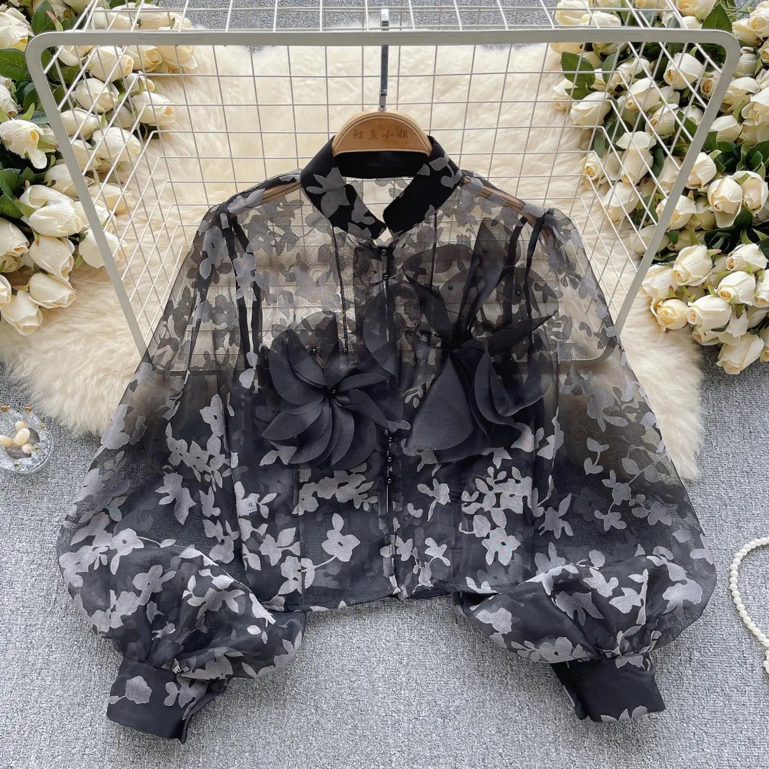 Autumn Women French Retro Mesh 3d Flower Design Blouse Long Sleeve 2023 Elegant Holiday Print Single Breasted Shirt Romantic Y2k