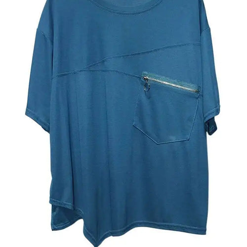 Load image into Gallery viewer, Women Black Irregular Hem Zipper Big Size Casual T-shirt New Round Neck Short  Sleeve Fashion Spring Summer 2025 1DJ0619
