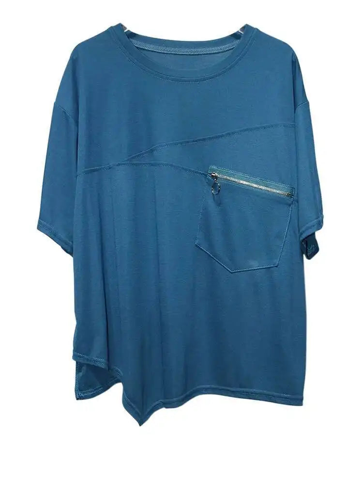 Women Black Irregular Hem Zipper Big Size Casual T-shirt New Round Neck Short  Sleeve Fashion Spring Summer 2025 1DJ0619