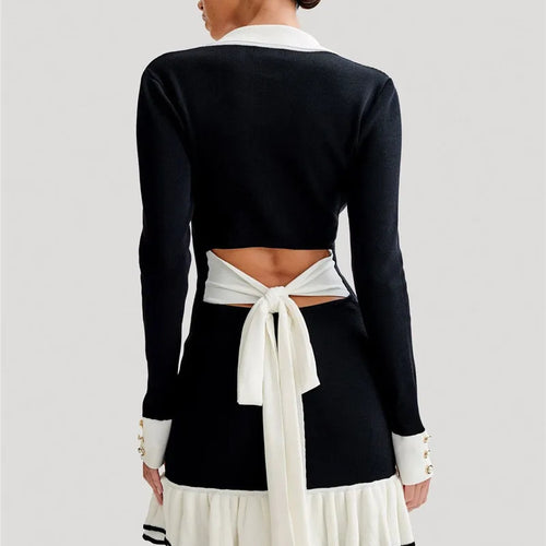 Load image into Gallery viewer, Long Sleeve Ruffled Knit Mini Dress For Women Autumn New V Neck Pearl Single-breasted Bow Bandage Knitted Dress Elegant
