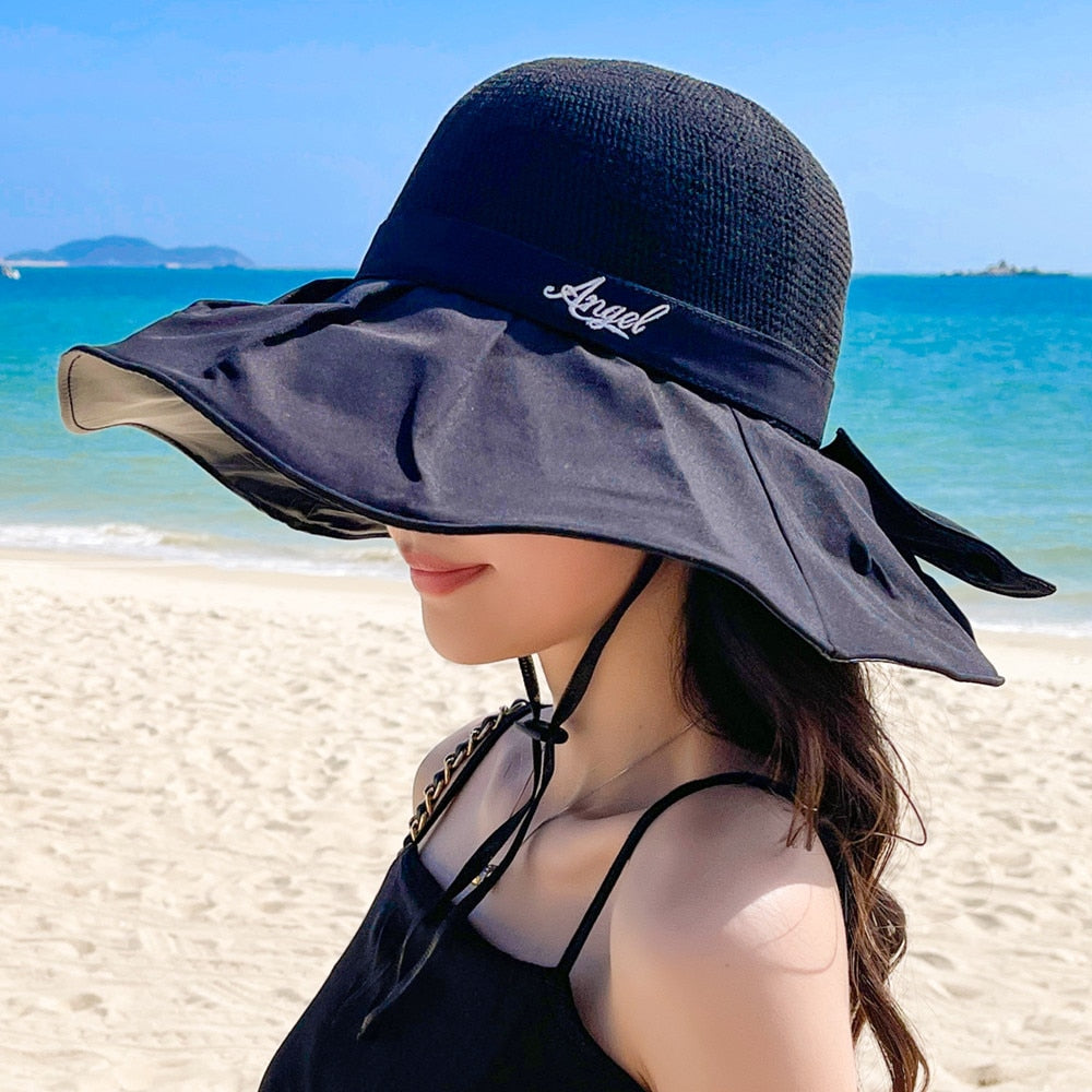 Women's Summer Hat Fashion Letter Embroidery Bow Design Straw Sun Hat Female Travel  Beach Bucket Hat