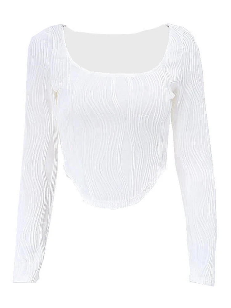 Slimming Solid Casual T Shirt For Women Sqaure Collar Long Sleeve Irregular Hem Minimalist T Shirts Female Fashion Clothing