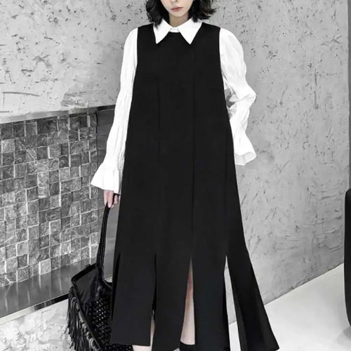 Load image into Gallery viewer, Women Black Irregular Ribbons Big Size Strap Dress New Round Neck Sleeveless Fashion Tide Spring Autumn 2025 1DH8059
