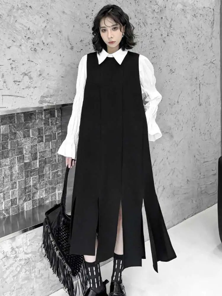 Women Black Irregular Ribbons Big Size Strap Dress New Round Neck Sleeveless Fashion Tide Spring Autumn 2025 1DH8059