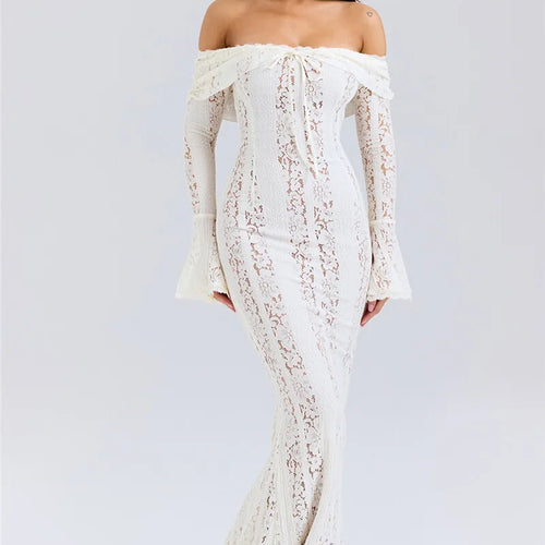 Load image into Gallery viewer, Lace Off-shoulder Sexy Maxi Dress Women Strapless Backless Long Sleeve Bodycon Evening Club Party Long Dress Elegant
