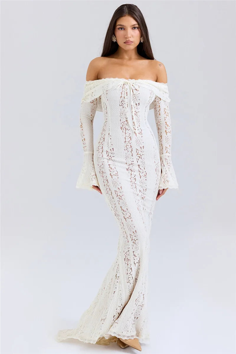 Lace Off-shoulder Sexy Maxi Dress Women Strapless Backless Long Sleeve Bodycon Evening Club Party Long Dress Elegant