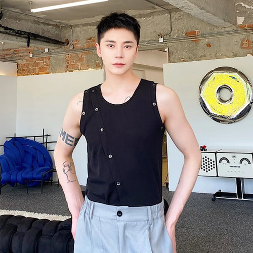 Load image into Gallery viewer, Summer Tight Fitting Vest Round Neck Sleeveless Men&#39;s Tank Top Personalized Button Shoulderless Fashion Solid Color 9C5330
