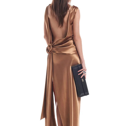 Load image into Gallery viewer, Satin Backless Sexy Maxi Dress For Women Elegant Rose Thigh High Split Beach Holiday Long Dress Gorgeous Club Gown
