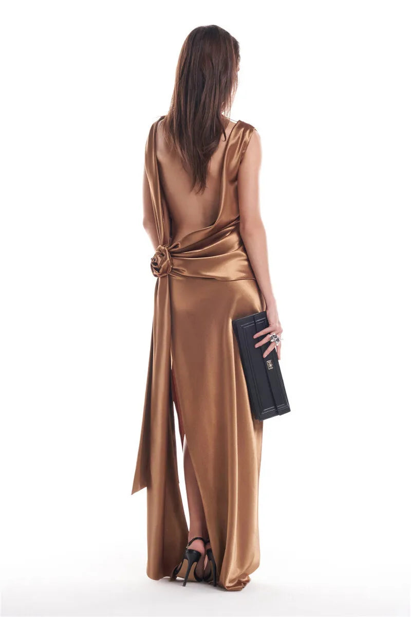Satin Backless Sexy Maxi Dress For Women Elegant Rose Thigh High Split Beach Holiday Long Dress Gorgeous Club Gown