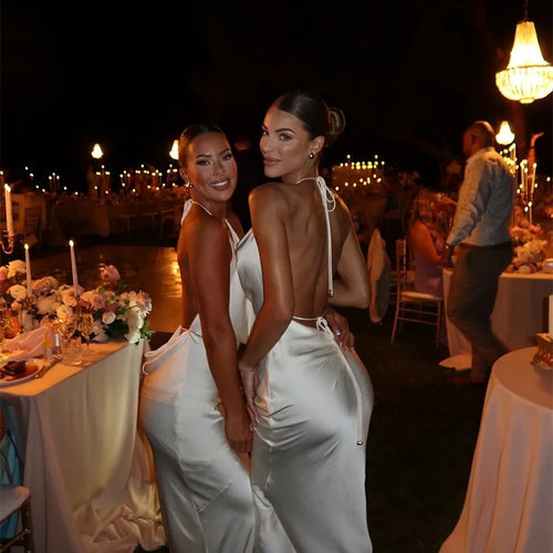 Load image into Gallery viewer, Satin Halter Backless Sexy Maxi Dress Women Gown Elegant Solid Sleeveless Lace-up High Waist Evening Club Long Dress
