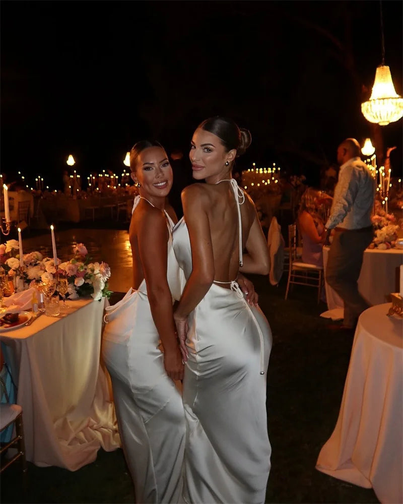 Satin Halter Backless Sexy Maxi Dress Women Gown Elegant Solid Sleeveless Lace-up High Waist Evening Club Long Dress