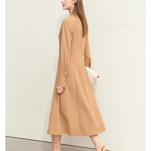 Minimalism 2025 Women Dresses Autumn New Elegant V-neck Buckle Waist Fashion Office Lady Slim Long Dress Female 12443046