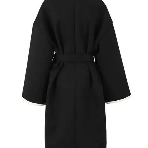 Load image into Gallery viewer, Black Embroidery Belted Big Size Woolen Coat New V-neck Long Sleeve Women Jacket Fashion Tide Autumn Winter 2025 CPG1079
