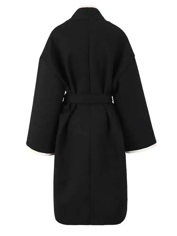 Black Embroidery Belted Big Size Woolen Coat New V-neck Long Sleeve Women Jacket Fashion Tide Autumn Winter 2025 CPG1079