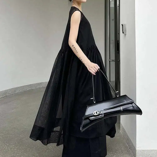 Load image into Gallery viewer, Women Black Mesh Perspective Pleated Big Size Elegant Dress New Round Neck Sleeveless Fashion Spring Summer 2025  1DH5841
