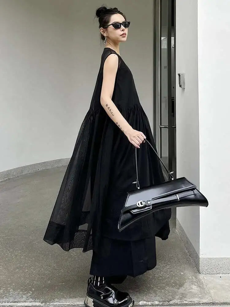 Women Black Mesh Perspective Pleated Big Size Elegant Dress New Round Neck Sleeveless Fashion Spring Summer 2025  1DH5841