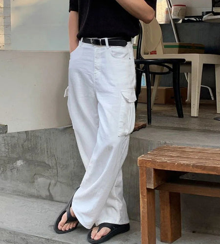 Men's Jeans New Summer Loose Straight Leg Pants Korean Multi Pockets Trendy Solid Color Simple Tide Male Bottoms 9W1610