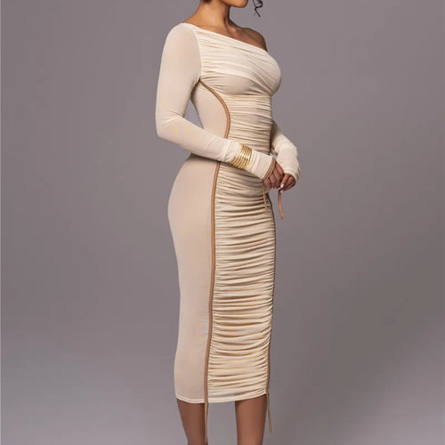 Load image into Gallery viewer, Diagonal Collar Long Sleeve Midi Dress For Women Two Layer Mesh Backless Ruched Bodycon Club Party Sexy Long Dress
